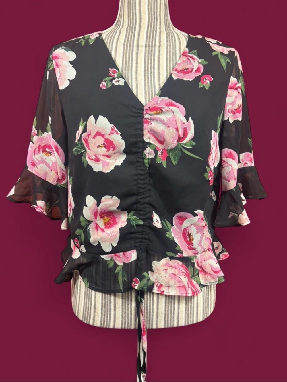 Cute black floral ruched top
